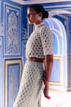 Shop_Surily G_Green Net Pearls, Stones Round Neck Scallop Top _at_Aza_Fashions