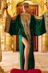 Buy_Surily G_Green Silk Zari V-neck Zardosi Embroidered Kaftan _at_Aza_Fashions