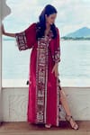 Shop_Surily G_Maroon Silk Embroidery V-neck Tribal Kaftan With _at_Aza_Fashions