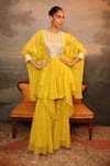 Buy_Jigya Japra_Lime Chanderi Sequins, Mirrors Round Neck Green Kaftan And Sharara Set _at_Aza_Fashions