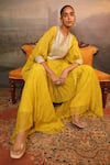 Jigya Japra_Lime Chanderi Sequins, Mirrors Round Neck Green Kaftan And Sharara Set _Online_at_Aza_Fashions