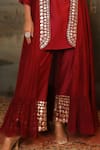 Jigya Japra_Red Chanderi Mirrors V-neck Cherry Palazzo Shrug Set _Online_at_Aza_Fashions