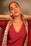 Buy_Jigya Japra_Red Chanderi Mirrors V-neck Cherry Palazzo Shrug Set _Online_at_Aza_Fashions