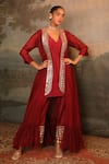Buy_Jigya Japra_Red Chanderi Mirrors V-neck Cherry Palazzo Shrug Set _at_Aza_Fashions