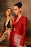 Jigya Japra_Red Chanderi Mirrors V-neck Cherry Palazzo Shrug Set _at_Aza_Fashions