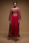 Shop_Nirraamyaa_Fuchsia Bemberg, Crepe Rhinestones Square Neck, Open Fuschia Work Jacket Set 