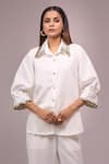 Samyukta Singhania_White Crepe Sequins Collared Embellished Shirt And Pant Set _Online_at_Aza_Fashions
