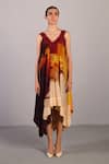 Buy_Clos_Wine Linen, Silk V-neck And Cream Asymmetric Designer Dress _at_Aza_Fashions