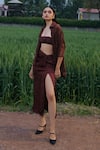 Buy_She'll_Brown Georgette, Satin Embroidery Open Neck Mocha Cross-stitch Set _at_Aza_Fashions