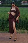 Shop_She'll_Brown Georgette, Satin Embroidery Open Neck Mocha Cross-stitch Set _at_Aza_Fashions