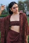 She'll_Brown Georgette, Satin Embroidery Open Neck Mocha Cross-stitch Set _at_Aza_Fashions