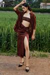 Buy_She'll_Brown Georgette, Satin Embroidery Open Neck Mocha Cross-stitch Set 