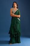Samyukta Singhania_Green Georgette Embroidery, Sequins, Cut Work V-neck Dark Heavy Saree Set _Online_at_Aza_Fashions