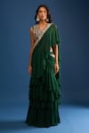 Shop_Samyukta Singhania_Green Georgette Embroidery, Sequins, Cut Work V-neck Dark Heavy Saree Set _Online_at_Aza_Fashions