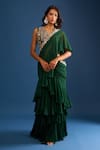 Buy_Samyukta Singhania_Green Georgette Embroidery, Sequins, Cut Work V-neck Dark Heavy Saree Set _at_Aza_Fashions