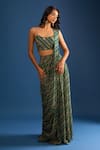 Samyukta Singhania_Green Georgette Sequins Round Neck Hand Embroidered Pre-draped Saree Set _Online_at_Aza_Fashions