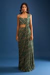 Buy_Samyukta Singhania_Green Georgette Sequins Round Neck Hand Embroidered Pre-draped Saree Set _Online_at_Aza_Fashions