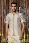 Shop_Hilo Design_Cream Embroidery Kanjivaram Pattu Set _at_Aza_Fashions