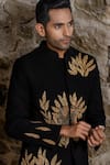 Hilo Design_Black Suede Embroidery Bandhgala Suit _Online_at_Aza_Fashions