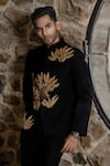 Shop_Hilo Design_Black Suede Embroidery Bandhgala Suit _Online_at_Aza_Fashions