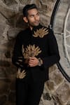 Hilo Design_Black Suede Embroidery Bandhgala Suit _at_Aza_Fashions