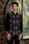 Shop_Hilo Design_Black Suede Embroidery Classic Bandhgala Ensemble _at_Aza_Fashions