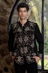 Hilo Design_Black Suede Embroidery Classic Bandhgala Ensemble _Online_at_Aza_Fashions