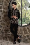 Buy_Hilo Design_Black Suede Embroidery Classic Bandhgala Ensemble _at_Aza_Fashions
