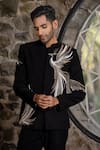 Hilo Design_Black Suede Embroidery Bandhgala With Peacock _Online_at_Aza_Fashions