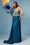 Taali_Blue Net, Silk Beads, Sequins Square Neck Hand Embellished Blouse And Skirt Set _Online_at_Aza_Fashions