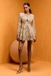Shop_Taali_Yellow Net, Organza Beads, Sequins V-neck Hand Embellished Peplum Dress _at_Aza_Fashions