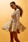 Buy_Taali_Yellow Net, Organza Beads, Sequins V-neck Hand Embellished Peplum Dress _Online_at_Aza_Fashions