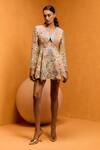 Buy_Taali_Yellow Net, Organza Beads, Sequins V-neck Hand Embellished Peplum Dress _at_Aza_Fashions