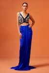 Buy_Taali_Blue Silk, Net Beads, Sequins V-neck Hand Embellished Blouse And Skirt Set _at_Aza_Fashions