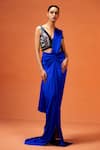 Taali_Blue Silk, Net Beads, Sequins V-neck Hand Embellished Blouse And Skirt Set _Online_at_Aza_Fashions