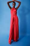 Buy_Taali_Red Silk Halter Neck Asymmetrical Top And Palazzo Set _at_Aza_Fashions