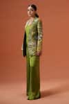 Shop_Taali_Green Silk Embroidery Open , Square Sage Quilted Jacket And Palazzo Set _at_Aza_Fashions