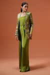 Taali_Green Silk Embroidery Open , Square Sage Quilted Jacket And Palazzo Set _Online_at_Aza_Fashions