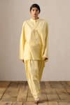 Shop_Ituvana_Yellow Cotton Applique Mandarin Collar Deepa Kurta Set _at_Aza_Fashions
