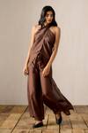 Shop_Ituvana_Brown Silk Halter Neck Tie-up Pant Set _at_Aza_Fashions