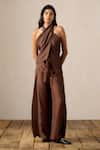 Buy_Ituvana_Brown Silk Halter Neck Tie-up Pant Set _at_Aza_Fashions