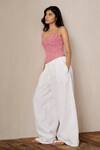 Shop_Ituvana_Pink Cotton, Linen Sweetheart Neck Madras Check Smocked Corset Pant Set _at_Aza_Fashions