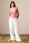 Buy_Ituvana_Pink Cotton, Linen Sweetheart Neck Madras Check Smocked Corset Pant Set _Online_at_Aza_Fashions