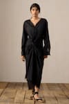 Ituvana_Black Cotton Applique Round Neck Sarong-style Shirt Dress _at_Aza_Fashions