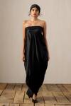 Ituvana_Black Silk Satin Fringe Bandeau Neck Tie Up Dress _at_Aza_Fashions