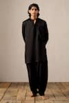 Shop_Ituvana_Black Silk, Linen Applique Pathani Set _at_Aza_Fashions