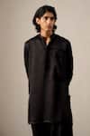 Shop_Ituvana_Black Silk, Linen Applique Pathani Set _Online_at_Aza_Fashions