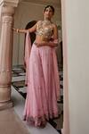 Nea By Nikita Tiwari_Pink Tissue, Organza Embroidery, Sequins V-neck Metallic Blush Pants Set _Online_at_Aza_Fashions