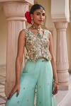 Nea By Nikita Tiwari_Green Tissue, Organza Embroidery V-neck Metallic Sea Pant Set _Online_at_Aza_Fashions