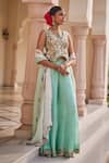 Shop_Nea By Nikita Tiwari_Green Tissue, Organza Embroidery V-neck Metallic Sea Pant Set _at_Aza_Fashions